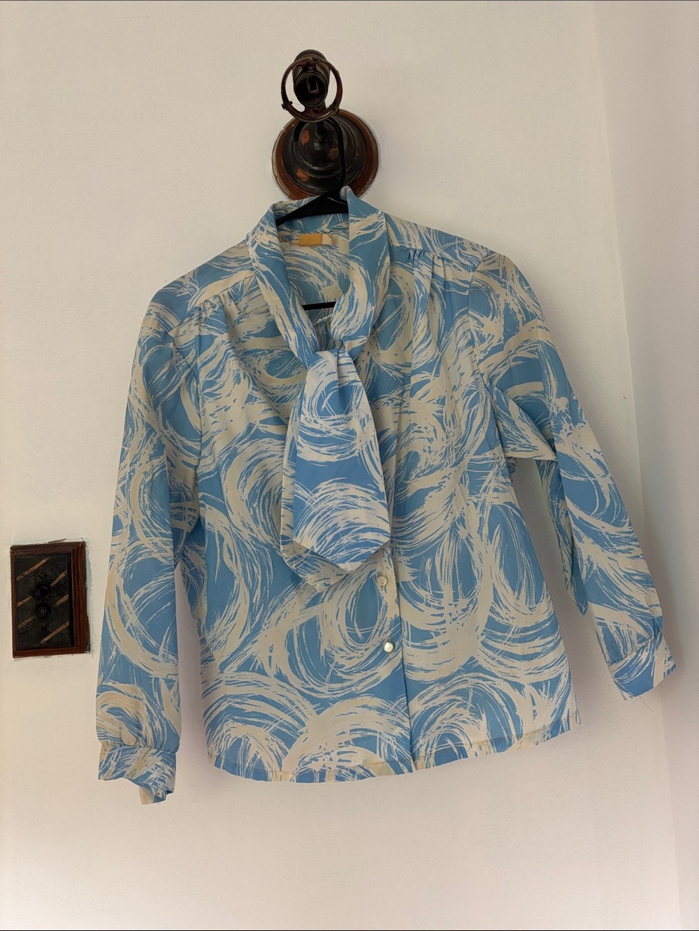 Blue and Cream Swirl Tie-Neck Blouse Jacket